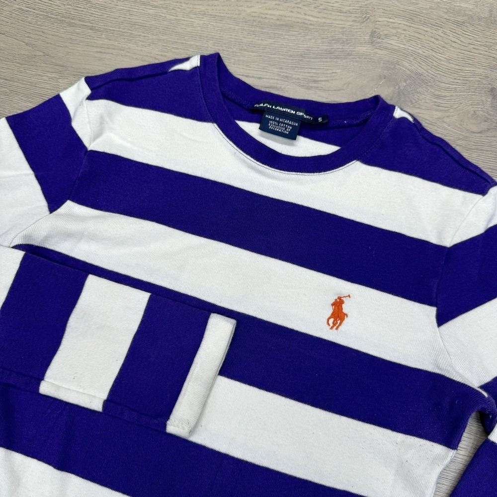 Y2K Ralph Lauren Sport Purple White Stripe L/S T Shirt Sz S Pony Bella Swan Spri